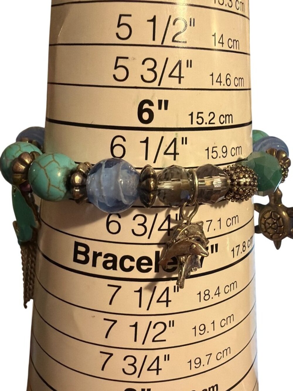 Ocean Themed Charm Stretch Bracelet Turquoise Enamel Glass Beads Dolphin Turtle - Picture 4 of 5